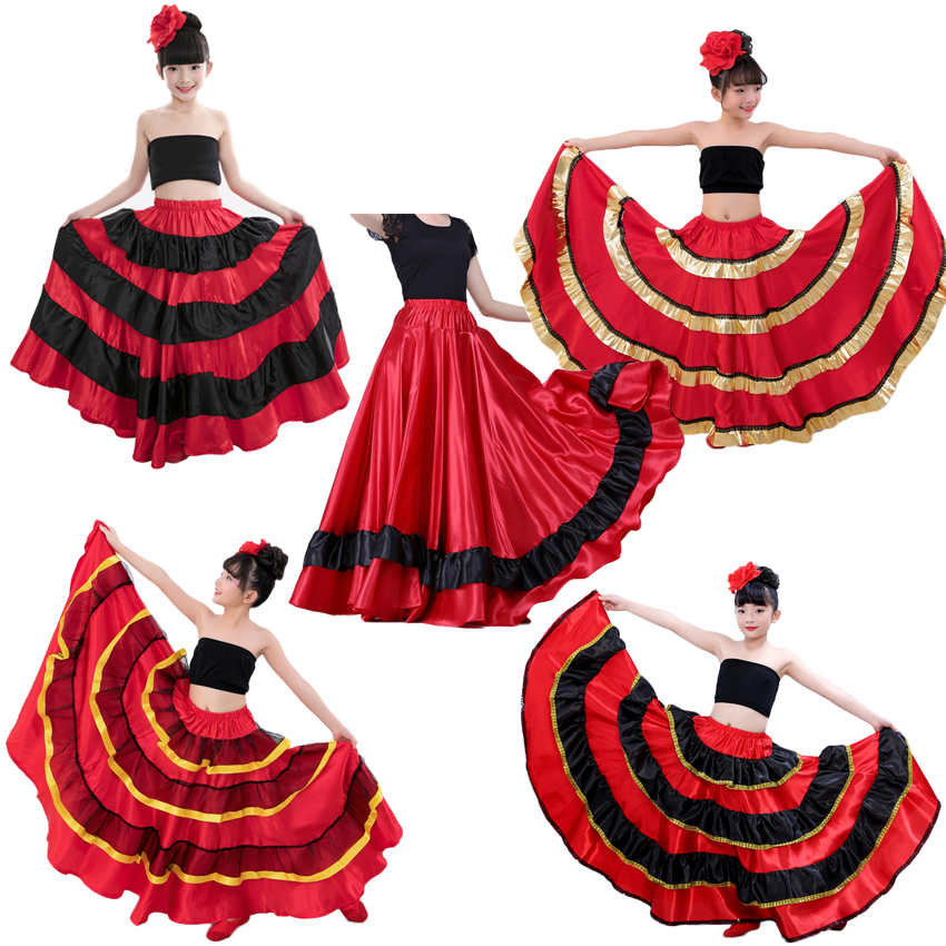 어린이 공주 소녀 스페인어 플라멩코 댄스 의상 스커트, 빨간색과 검은색 안장 스타일 볼룸 밸리 댄스 드레스, 여아용